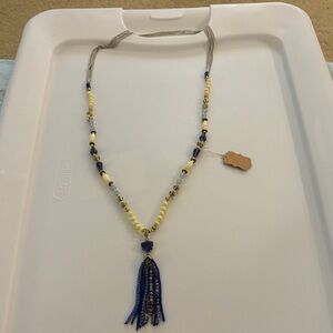 Elegant Beaded Necklace with Blue and Yellow Highlights